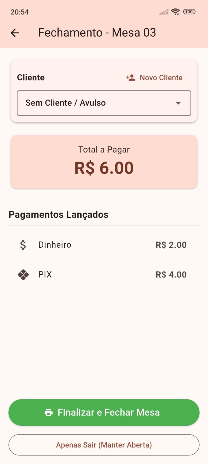 Fechamento de Conta e Formas de Pagamento